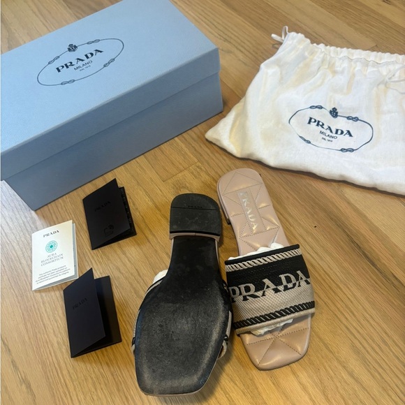 Prada Beige/Black Logo Print Canvas Flat Slides 36.5 - Picture 8 of 8
